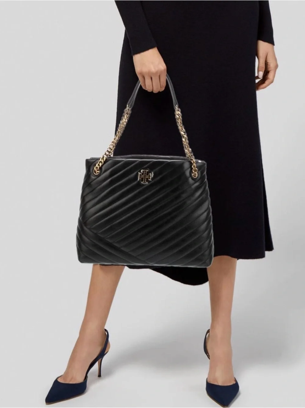 Tory Burch Kira Chevron Black Quilted Leather Shoulder Tote with Gold Chain